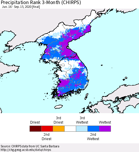 Korea Precipitation Rank since 1981, 3-Month (CHIRPS) Thematic Map For 6/16/2020 - 9/15/2020
