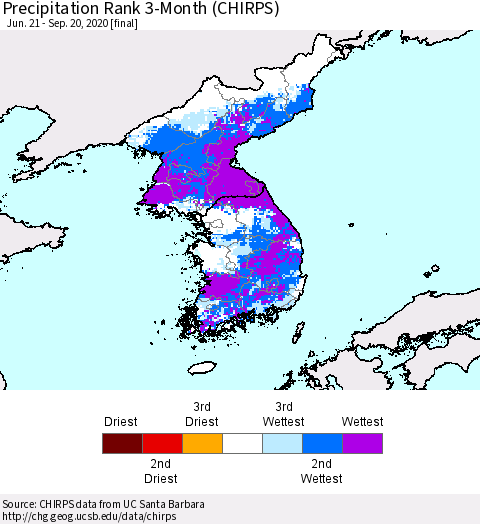 Korea Precipitation Rank 3-Month (CHIRPS) Thematic Map For 6/21/2020 - 9/20/2020