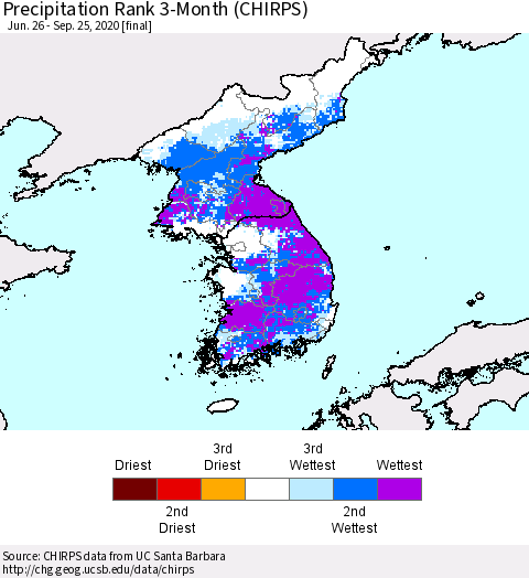 Korea Precipitation Rank 3-Month (CHIRPS) Thematic Map For 6/26/2020 - 9/25/2020