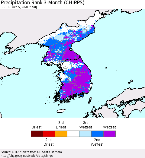 Korea Precipitation Rank since 1981, 3-Month (CHIRPS) Thematic Map For 7/6/2020 - 10/5/2020