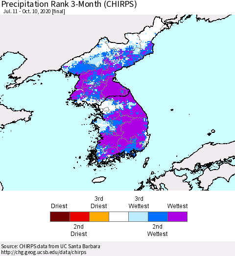 Korea Precipitation Rank since 1981, 3-Month (CHIRPS) Thematic Map For 7/11/2020 - 10/10/2020