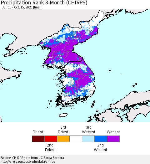 Korea Precipitation Rank since 1981, 3-Month (CHIRPS) Thematic Map For 7/16/2020 - 10/15/2020