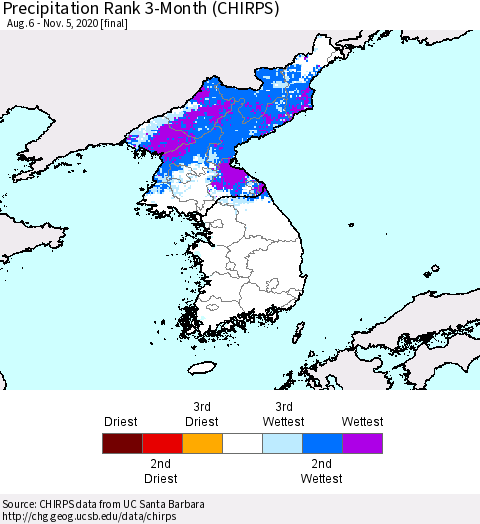 Korea Precipitation Rank 3-Month (CHIRPS) Thematic Map For 8/6/2020 - 11/5/2020