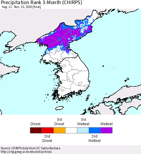 Korea Precipitation Rank since 1981, 3-Month (CHIRPS) Thematic Map For 8/11/2020 - 11/10/2020
