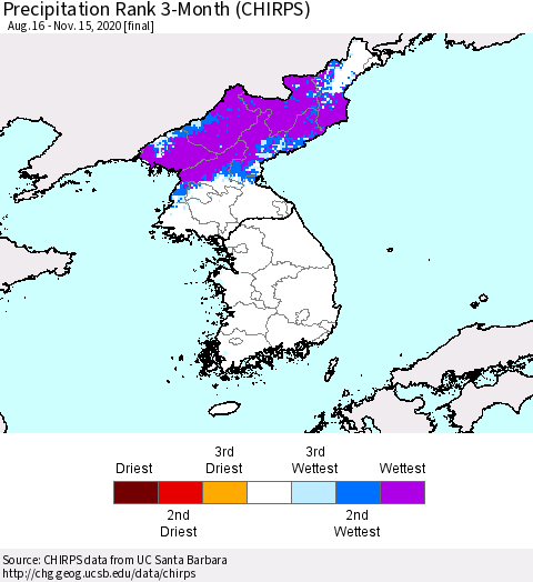Korea Precipitation Rank since 1981, 3-Month (CHIRPS) Thematic Map For 8/16/2020 - 11/15/2020