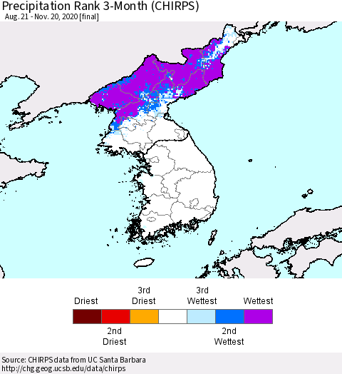 Korea Precipitation Rank 3-Month (CHIRPS) Thematic Map For 8/21/2020 - 11/20/2020