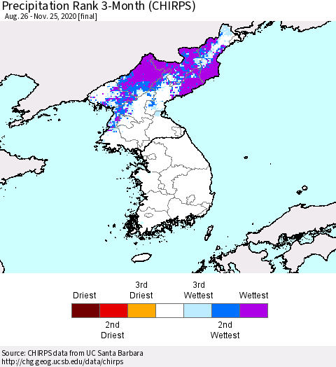 Korea Precipitation Rank since 1981, 3-Month (CHIRPS) Thematic Map For 8/26/2020 - 11/25/2020