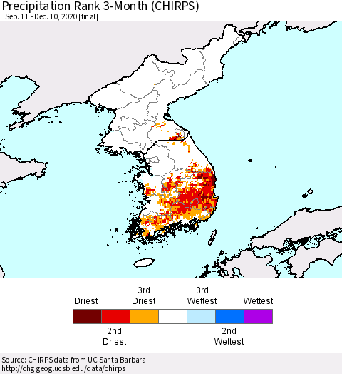 Korea Precipitation Rank since 1981, 3-Month (CHIRPS) Thematic Map For 9/11/2020 - 12/10/2020