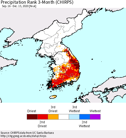 Korea Precipitation Rank 3-Month (CHIRPS) Thematic Map For 9/16/2020 - 12/15/2020