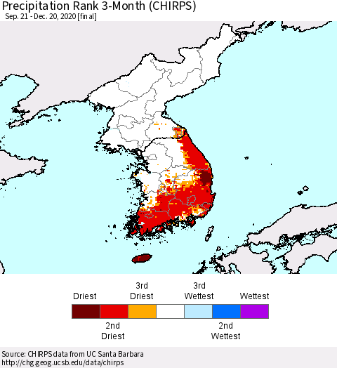 Korea Precipitation Rank 3-Month (CHIRPS) Thematic Map For 9/21/2020 - 12/20/2020