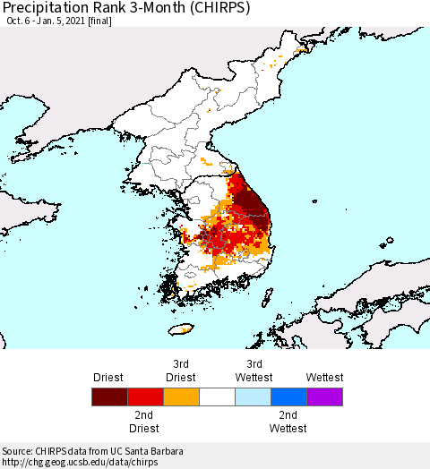 Korea Precipitation Rank 3-Month (CHIRPS) Thematic Map For 10/6/2020 - 1/5/2021