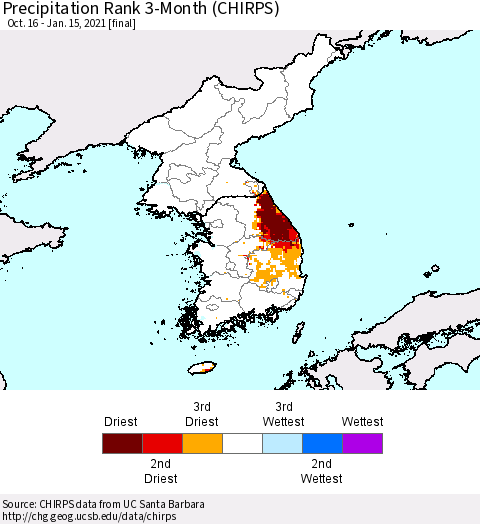 Korea Precipitation Rank since 1981, 3-Month (CHIRPS) Thematic Map For 10/16/2020 - 1/15/2021
