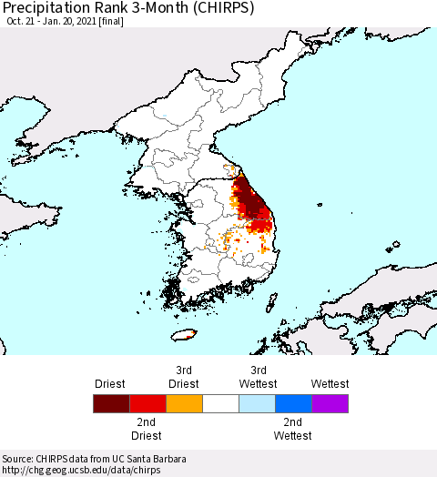Korea Precipitation Rank 3-Month (CHIRPS) Thematic Map For 10/21/2020 - 1/20/2021