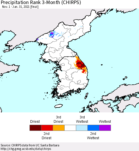 Korea Precipitation Rank 3-Month (CHIRPS) Thematic Map For 11/1/2020 - 1/31/2021