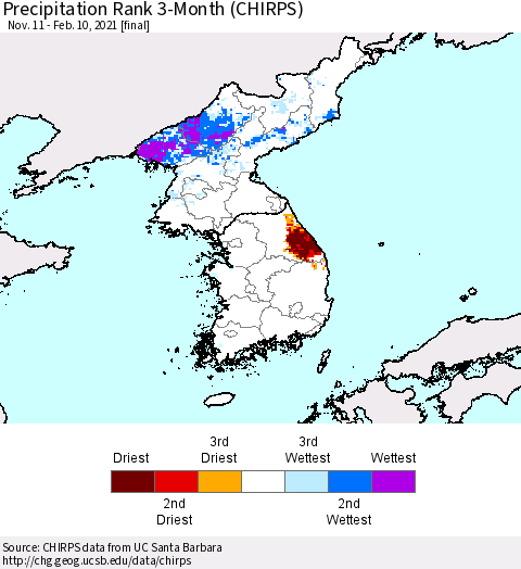 Korea Precipitation Rank since 1981, 3-Month (CHIRPS) Thematic Map For 11/11/2020 - 2/10/2021
