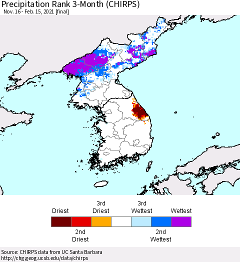Korea Precipitation Rank since 1981, 3-Month (CHIRPS) Thematic Map For 11/16/2020 - 2/15/2021
