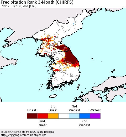 Korea Precipitation Rank 3-Month (CHIRPS) Thematic Map For 11/21/2020 - 2/20/2021