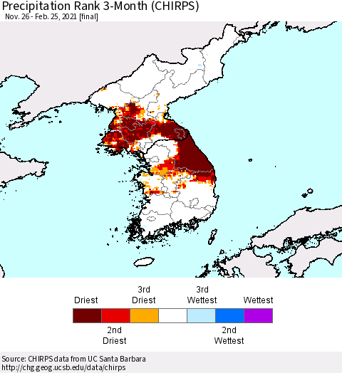 Korea Precipitation Rank 3-Month (CHIRPS) Thematic Map For 11/26/2020 - 2/25/2021