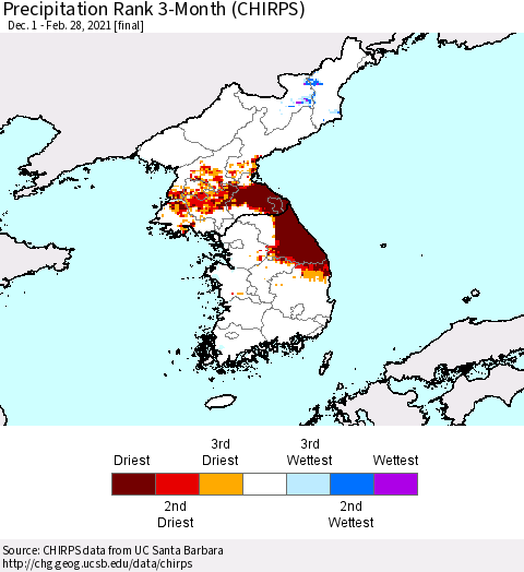 Korea Precipitation Rank 3-Month (CHIRPS) Thematic Map For 12/1/2020 - 2/28/2021