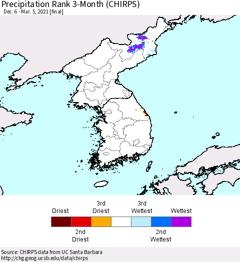 Korea Precipitation Rank 3-Month (CHIRPS) Thematic Map For 12/6/2020 - 3/5/2021