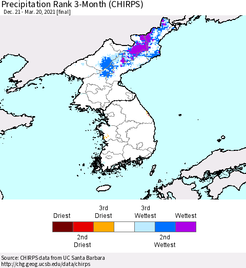 Korea Precipitation Rank 3-Month (CHIRPS) Thematic Map For 12/21/2020 - 3/20/2021
