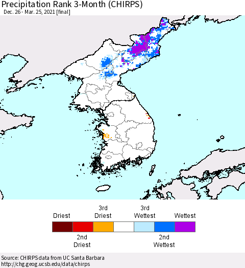 Korea Precipitation Rank 3-Month (CHIRPS) Thematic Map For 12/26/2020 - 3/25/2021