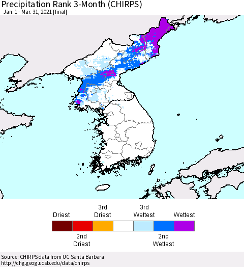 Korea Precipitation Rank since 1981, 3-Month (CHIRPS) Thematic Map For 1/1/2021 - 3/31/2021