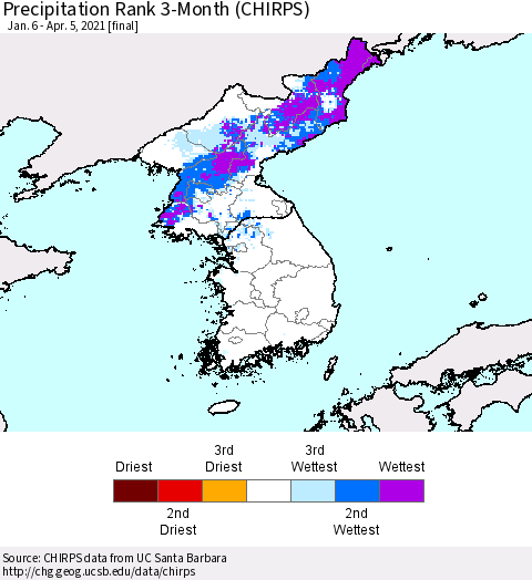 Korea Precipitation Rank since 1981, 3-Month (CHIRPS) Thematic Map For 1/6/2021 - 4/5/2021