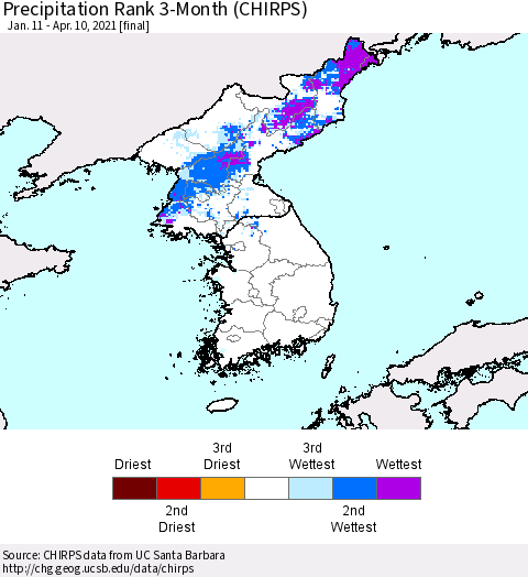 Korea Precipitation Rank since 1981, 3-Month (CHIRPS) Thematic Map For 1/11/2021 - 4/10/2021