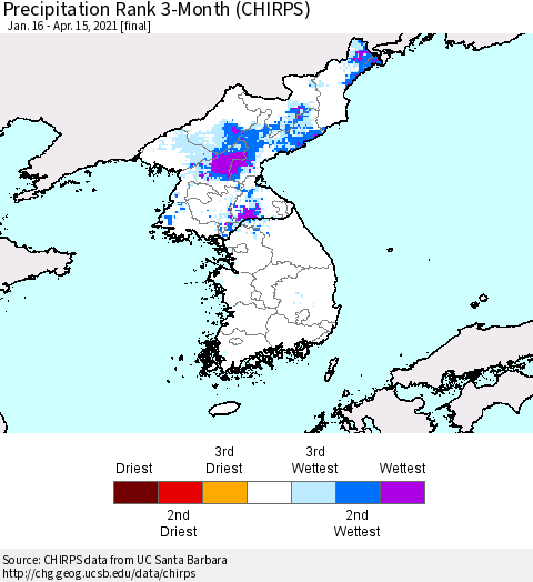Korea Precipitation Rank 3-Month (CHIRPS) Thematic Map For 1/16/2021 - 4/15/2021
