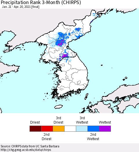 Korea Precipitation Rank since 1981, 3-Month (CHIRPS) Thematic Map For 1/21/2021 - 4/20/2021