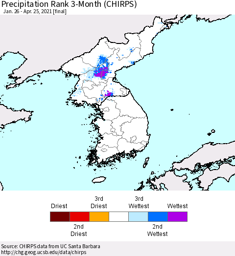 Korea Precipitation Rank since 1981, 3-Month (CHIRPS) Thematic Map For 1/26/2021 - 4/25/2021