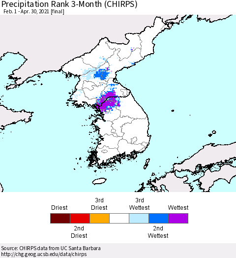 Korea Precipitation Rank since 1981, 3-Month (CHIRPS) Thematic Map For 2/1/2021 - 4/30/2021