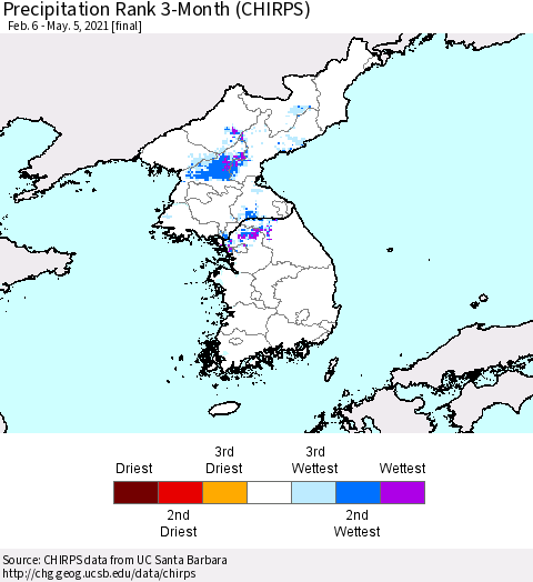 Korea Precipitation Rank since 1981, 3-Month (CHIRPS) Thematic Map For 2/6/2021 - 5/5/2021