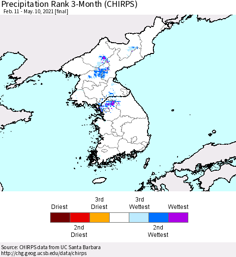 Korea Precipitation Rank since 1981, 3-Month (CHIRPS) Thematic Map For 2/11/2021 - 5/10/2021