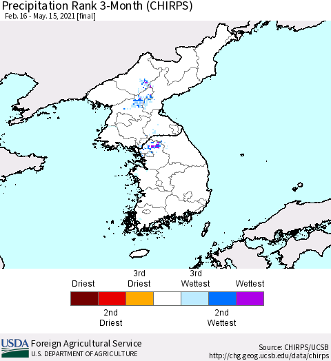 Korea Precipitation Rank since 1981, 3-Month (CHIRPS) Thematic Map For 2/16/2021 - 5/15/2021