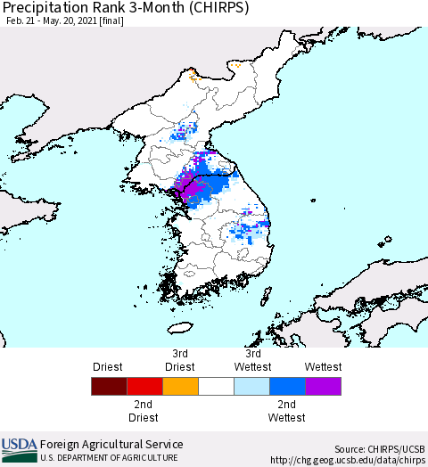 Korea Precipitation Rank since 1981, 3-Month (CHIRPS) Thematic Map For 2/21/2021 - 5/20/2021