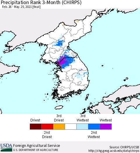 Korea Precipitation Rank since 1981, 3-Month (CHIRPS) Thematic Map For 2/26/2021 - 5/25/2021