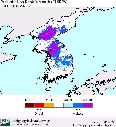 Korea Precipitation Rank since 1981, 3-Month (CHIRPS) Thematic Map For 3/1/2021 - 5/31/2021