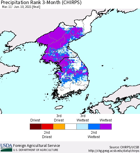 Korea Precipitation Rank since 1981, 3-Month (CHIRPS) Thematic Map For 3/11/2021 - 6/10/2021