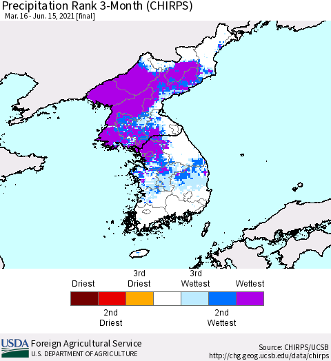 Korea Precipitation Rank since 1981, 3-Month (CHIRPS) Thematic Map For 3/16/2021 - 6/15/2021