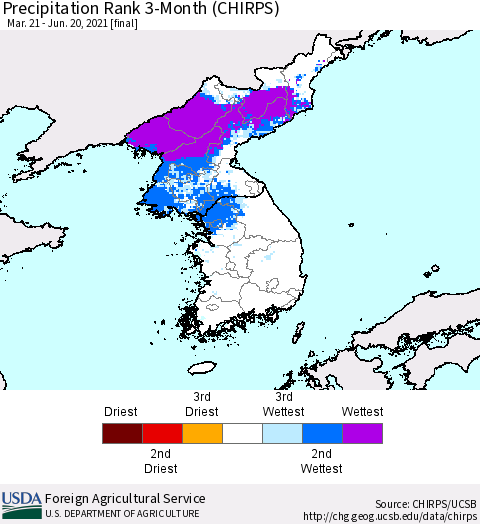 Korea Precipitation Rank since 1981, 3-Month (CHIRPS) Thematic Map For 3/21/2021 - 6/20/2021