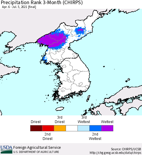 Korea Precipitation Rank 3-Month (CHIRPS) Thematic Map For 4/6/2021 - 7/5/2021