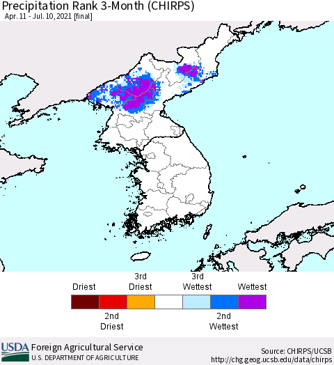 Korea Precipitation Rank 3-Month (CHIRPS) Thematic Map For 4/11/2021 - 7/10/2021