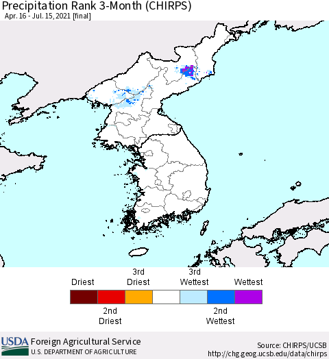 Korea Precipitation Rank since 1981, 3-Month (CHIRPS) Thematic Map For 4/16/2021 - 7/15/2021