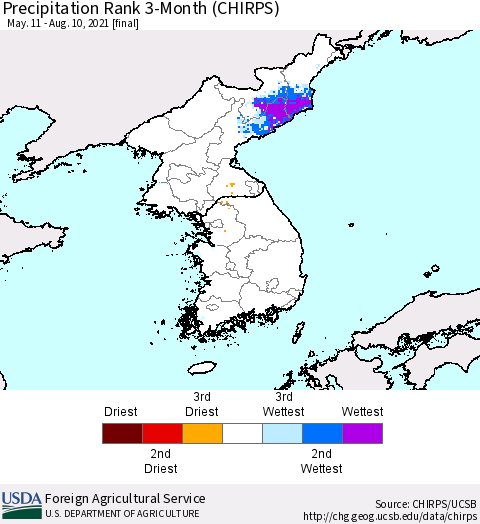 Korea Precipitation Rank 3-Month (CHIRPS) Thematic Map For 5/11/2021 - 8/10/2021