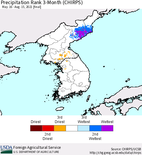 Korea Precipitation Rank since 1981, 3-Month (CHIRPS) Thematic Map For 5/16/2021 - 8/15/2021