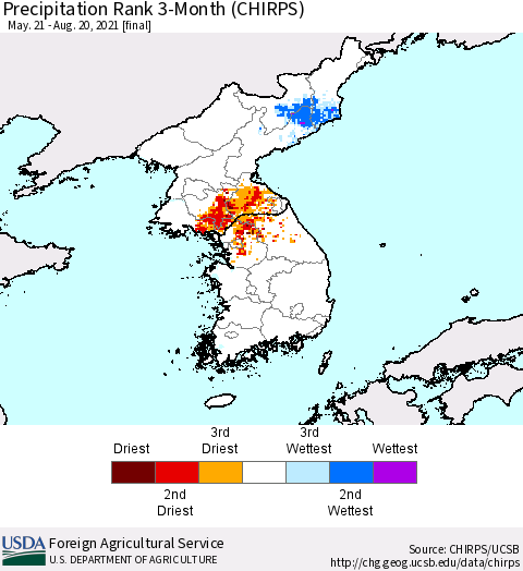 Korea Precipitation Rank 3-Month (CHIRPS) Thematic Map For 5/21/2021 - 8/20/2021