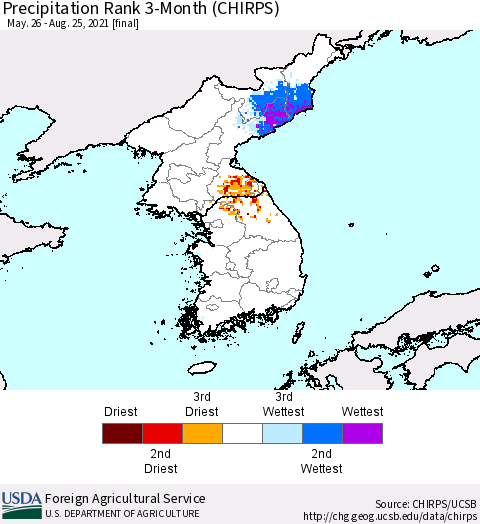 Korea Precipitation Rank 3-Month (CHIRPS) Thematic Map For 5/26/2021 - 8/25/2021
