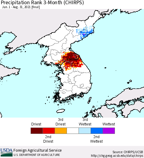 Korea Precipitation Rank since 1981, 3-Month (CHIRPS) Thematic Map For 6/1/2021 - 8/31/2021
